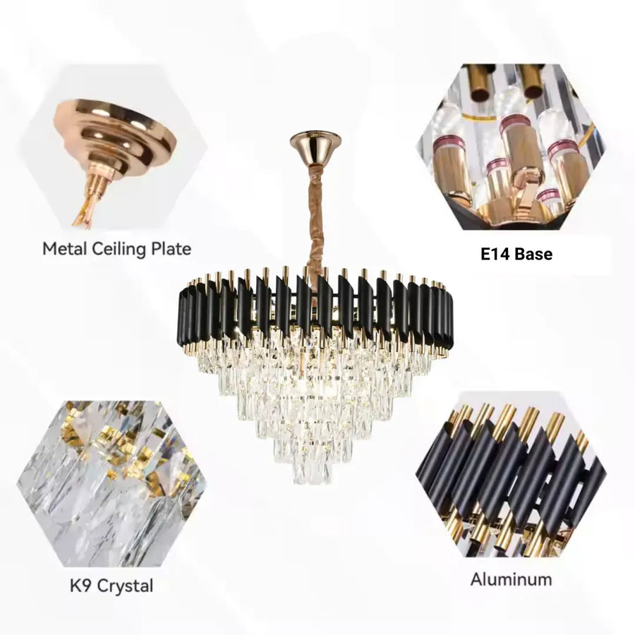 Żyrandol kryształowy VERSAILLES Magno 8xE27, średnica 60 cm, błyszczące złoto i czerń, regulowana wysokość