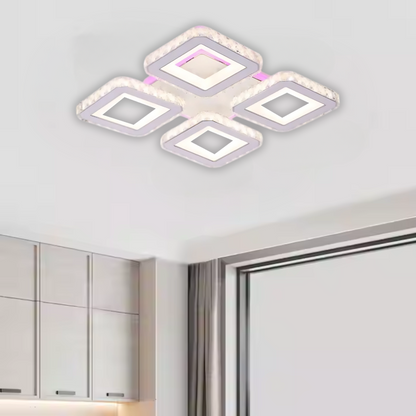 Żyrandol LED z pilotem i kryształem LEILA RGB 79 W, 4 kwadraty, zimne/ciepłe/neutralne światło, ściemnialny, błyszczący chrom biały 