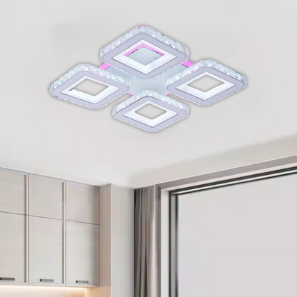 Żyrandol LED z pilotem i kryształem LEILA RGB 79 W, 4 kwadraty, zimne/ciepłe/neutralne światło, ściemnialny, błyszczący chrom biały 
