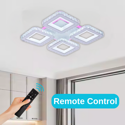 Żyrandol LED z pilotem i kryształem LEILA RGB 79 W, 4 kwadraty, zimne/ciepłe/neutralne światło, ściemnialny, błyszczący chrom biały 