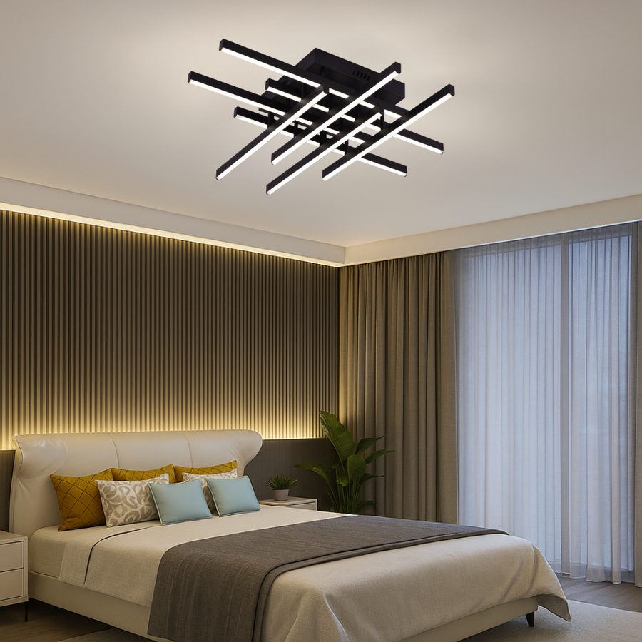 Żyrandol LED z pilotem Aroldo, 90 W, 8 elementów, światło zimne/ciepłe/neutralne, ściemnialny, czarny