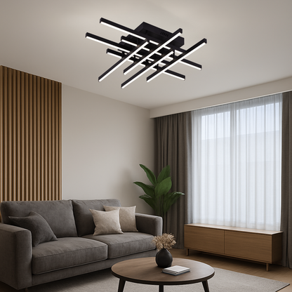 Żyrandol LED z pilotem Aroldo, 90 W, 8 elementów, światło zimne/ciepłe/neutralne, ściemnialny, czarny