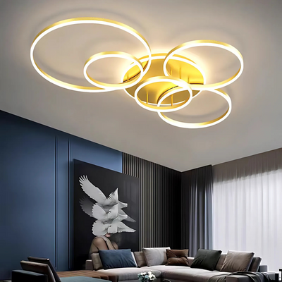 Żyrandol LED z pilotem DARIO, 5 okręgów, 120 W, światło ciepłe/zimne/neutralne, ściemnialny, złoty