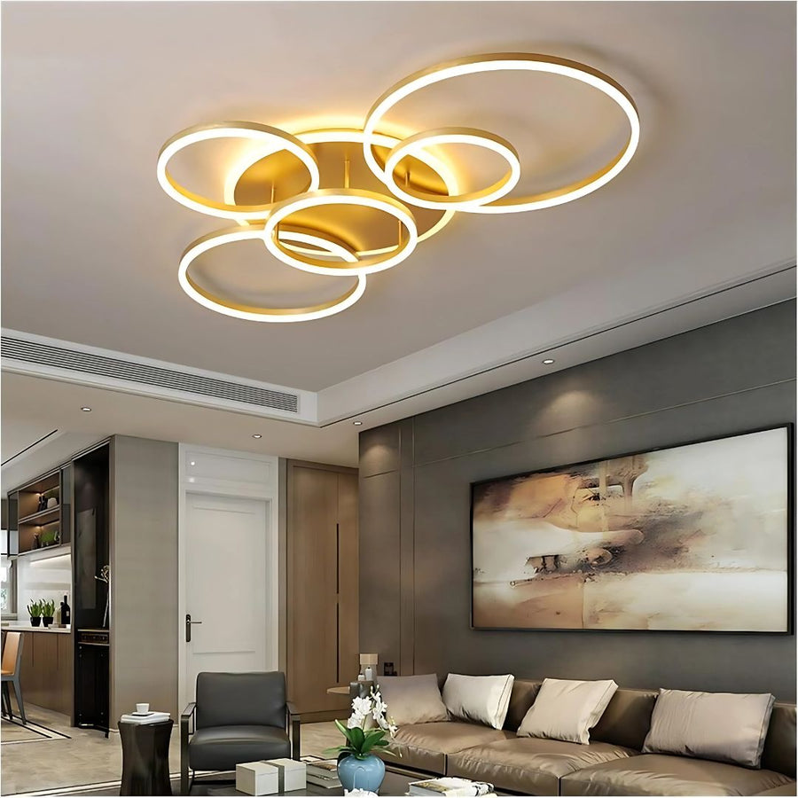 Żyrandol LED z pilotem DARIO, 5 okręgów, 120 W, światło ciepłe/zimne/neutralne, ściemnialny, złoty