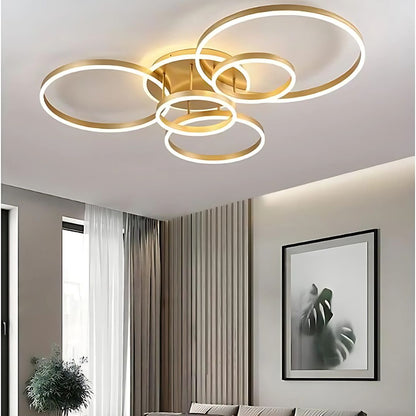 Żyrandol LED z pilotem DARIO, 5 okręgów, 120 W, światło ciepłe/zimne/neutralne, ściemnialny, złoty