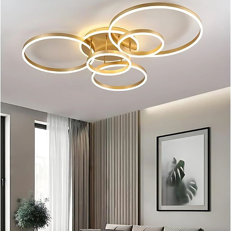 Żyrandol LED z pilotem DARIO, 5 okręgów, 120 W, światło ciepłe/zimne/neutralne, ściemnialny, złoty