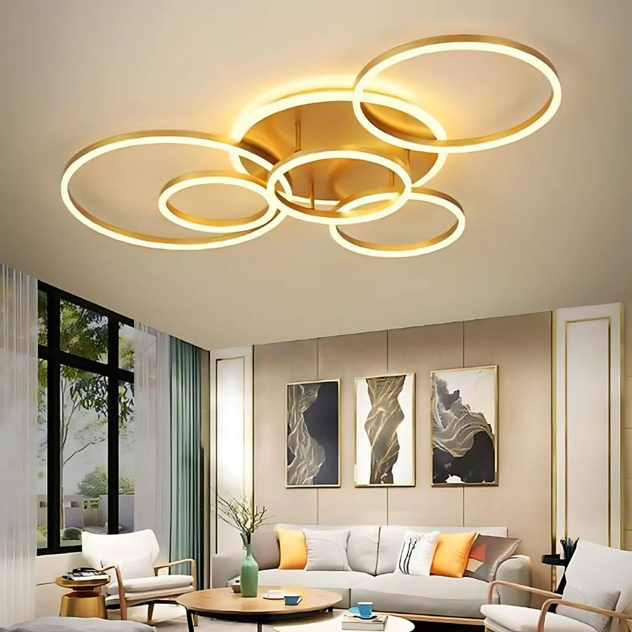 Żyrandol LED z pilotem DARIO, 5 okręgów, 120 W, światło ciepłe/zimne/neutralne, ściemnialny, złoty