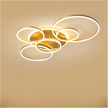 Żyrandol LED z pilotem DARIO, 5 okręgów, 120 W, światło ciepłe/zimne/neutralne, ściemnialny, złoty