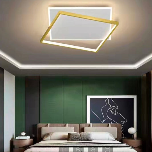 LED żyrandol z zdalnym sterowaniem słonecznym, 98W, 2 kwadraty, zimno/gorące/neutralne światło, niestabilne, złote