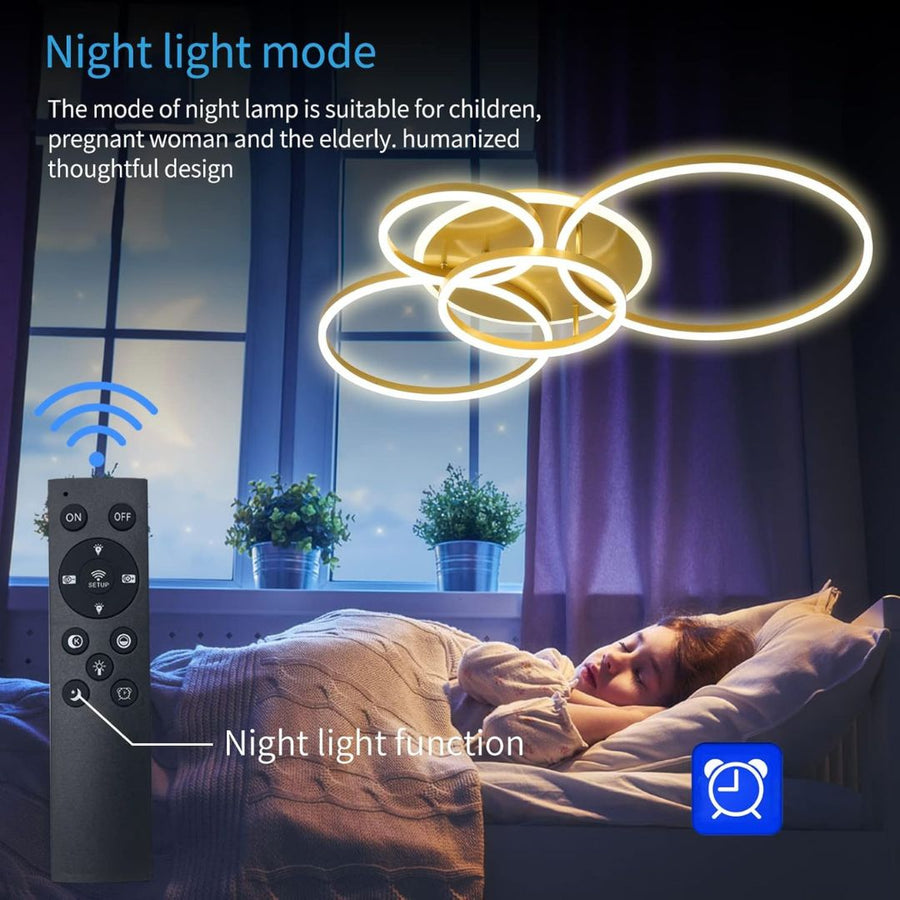 Żyrandol LED z pilotem DARIO, 4 okręgi, 103 W, światło ciepłe/zimne/neutralne, ściemnialny, złoty
