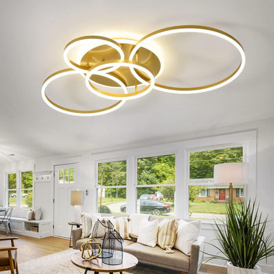 Żyrandol LED z pilotem DARIO, 4 okręgi, 103 W, światło ciepłe/zimne/neutralne, ściemnialny, złoty