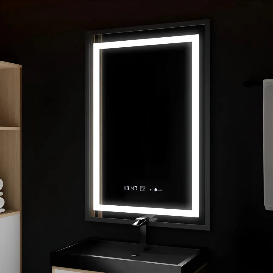 Prostokątne lustro LED 60x80cm Verite Majeste Noir Motion Glow Marcello Defog System Zegar i termometr Ściemnialny 