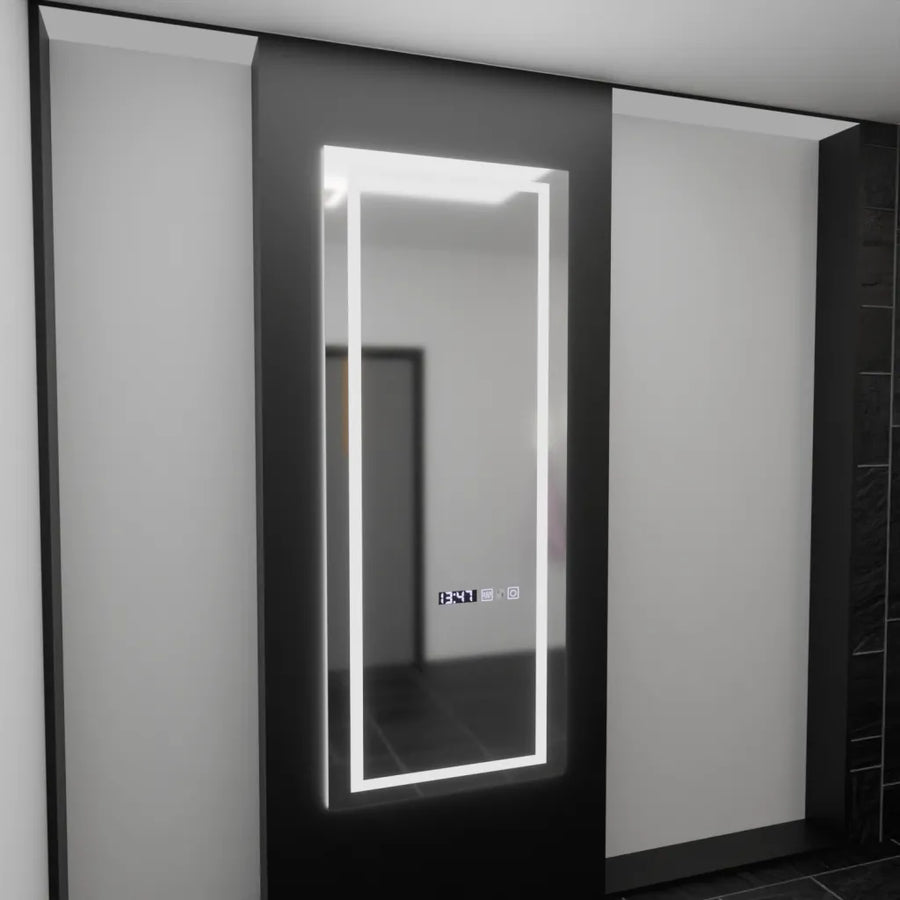Prostokątne lustro LED, 60x150 cm, czujnik radarowy Alessia Marcello, system przeciwmgielny, zegar i termometr, ściemnialne, Dressing Couture 