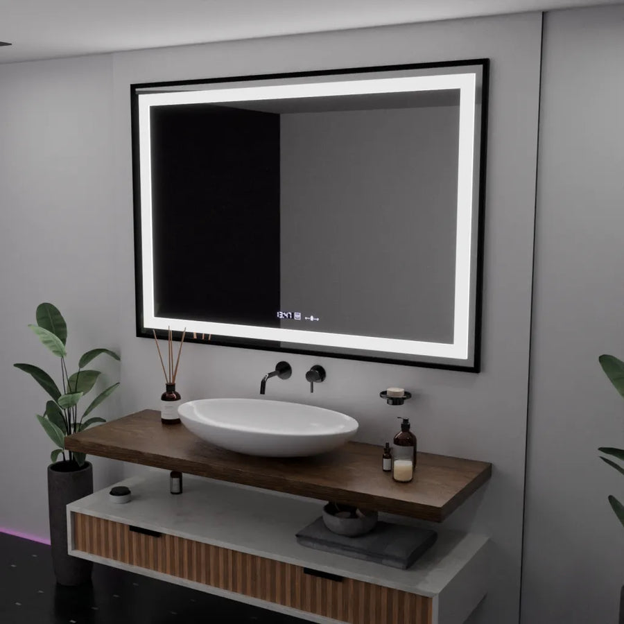 Prostokątne lustro LED 100x70cm Verite Majeste Noir Motion Glow Marcello Defog System Zegar i termometr Ściemnialny 