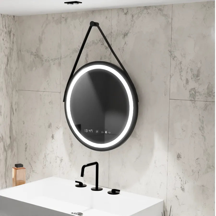 Okrągłe lustro LED 60 cm Celeste Majeste Noir Eleve MotionGlow Marcello System przeciwmgielny Zegar i termometr Ściemnialny