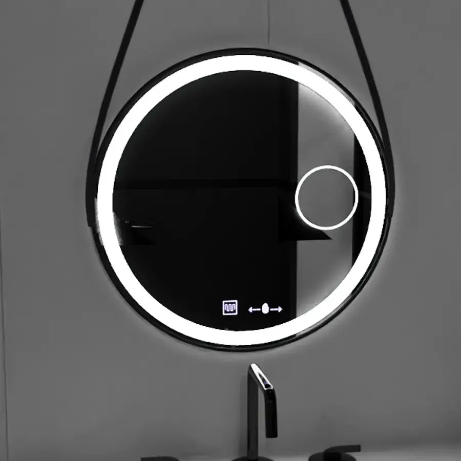 Okrągłe lustro LED z czujnikiem ruchu i blasku Micah Marcello 60 cm System przeciwmgielny Zegar i termometr Ściemnialna lupa kosmetyczna 