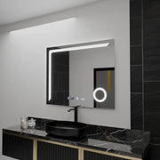 Prostokątne lustro LED, 100 x 80 cm, Precision MotionGlow Marcello, system przeciwmgielny, zegar i termometr, lupa kosmetyczna, ściemnialna