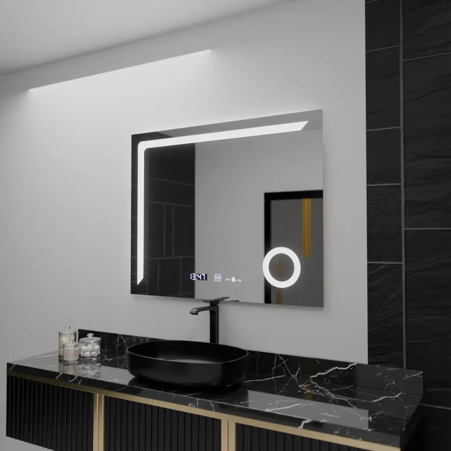 Prostokątne lustro LED, 100 x 80 cm, Precision MotionGlow Marcello, system przeciwmgielny, zegar i termometr, lupa kosmetyczna, ściemnialna