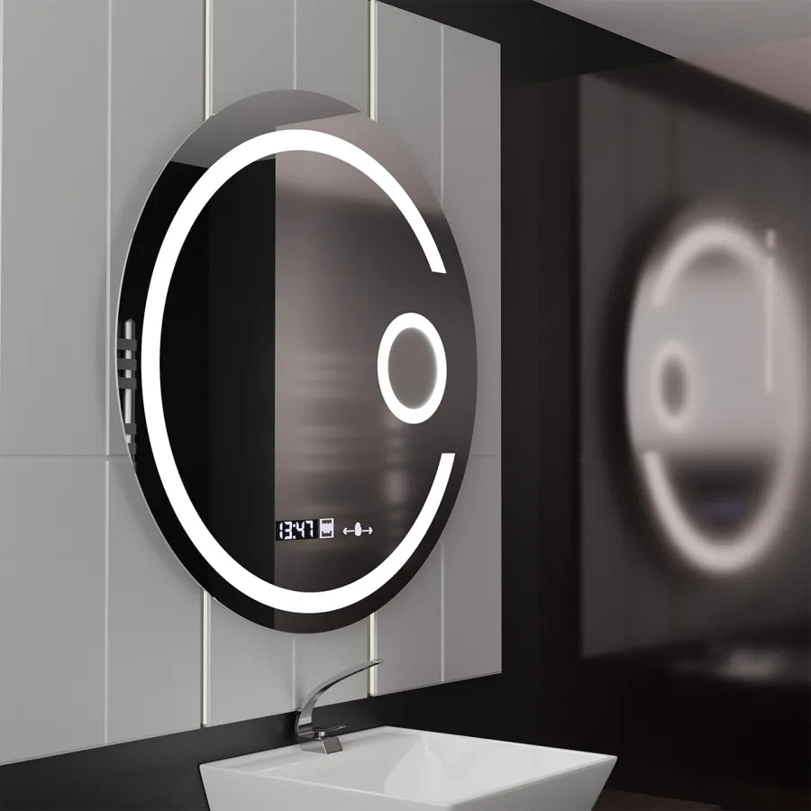 Okrągłe lustro LED 70 cm Visio MotionGlow Marcello Defog System Zegar i termometr Ściemnialna lupa kosmetyczna 