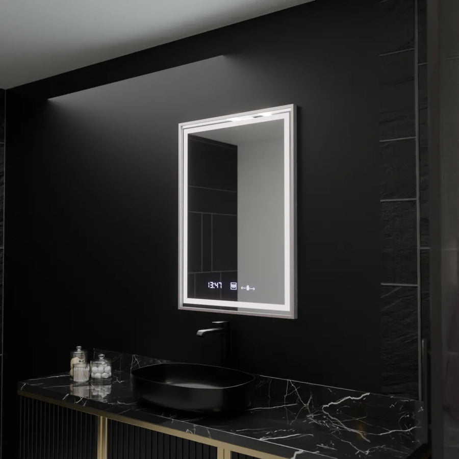 Prostokątne lustro LED 60x80cm Verite Imperial Silver Motion Glow Marcello Defog System Zegar i termometr Ściemnialny 