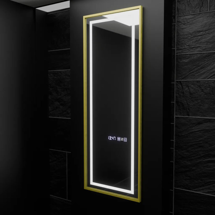 Prostokątne lustro LED, 45 x 140 cm, czujnik radarowy Elena Marcello, system przeciwmgielny, zegar i termometr, ściemnialne, Dressing Couture 