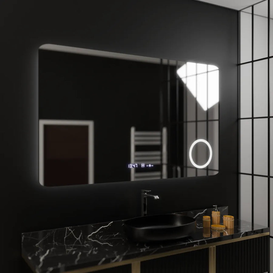 Prostokątne lustro LED, 100x60 cm, Celeste MotionGlow Marcello, system przeciwmgielny, zegar i termometr, lupa kosmetyczna, ściemnialna 