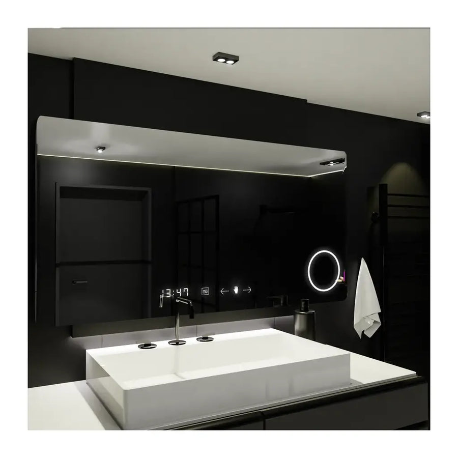 Prostokątne lustro LED, 100x60 cm, Celeste MotionGlow Marcello, system przeciwmgielny, zegar i termometr, lupa kosmetyczna, ściemnialna 