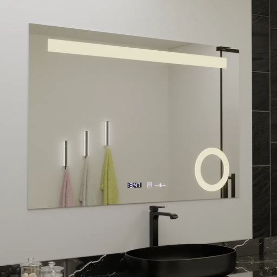Prostokątne lustro LED, 120x80cm, ABSOLU MotionGlow Marcello, system odmgławiania, zegar i termometr, lupa kosmetyczna, przyciemniane lustra Marcello Domyślny tytuł Alessandro Design