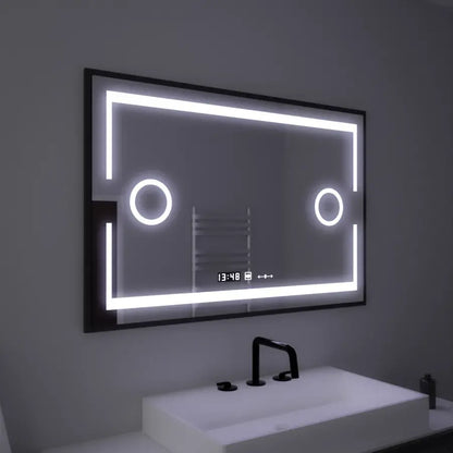 Prostokątne lusterko LED, 120x80 cm, czujnik Motionglow Marcello, system wyłączający, zegar i termometr, powiększenie kosmetyczne