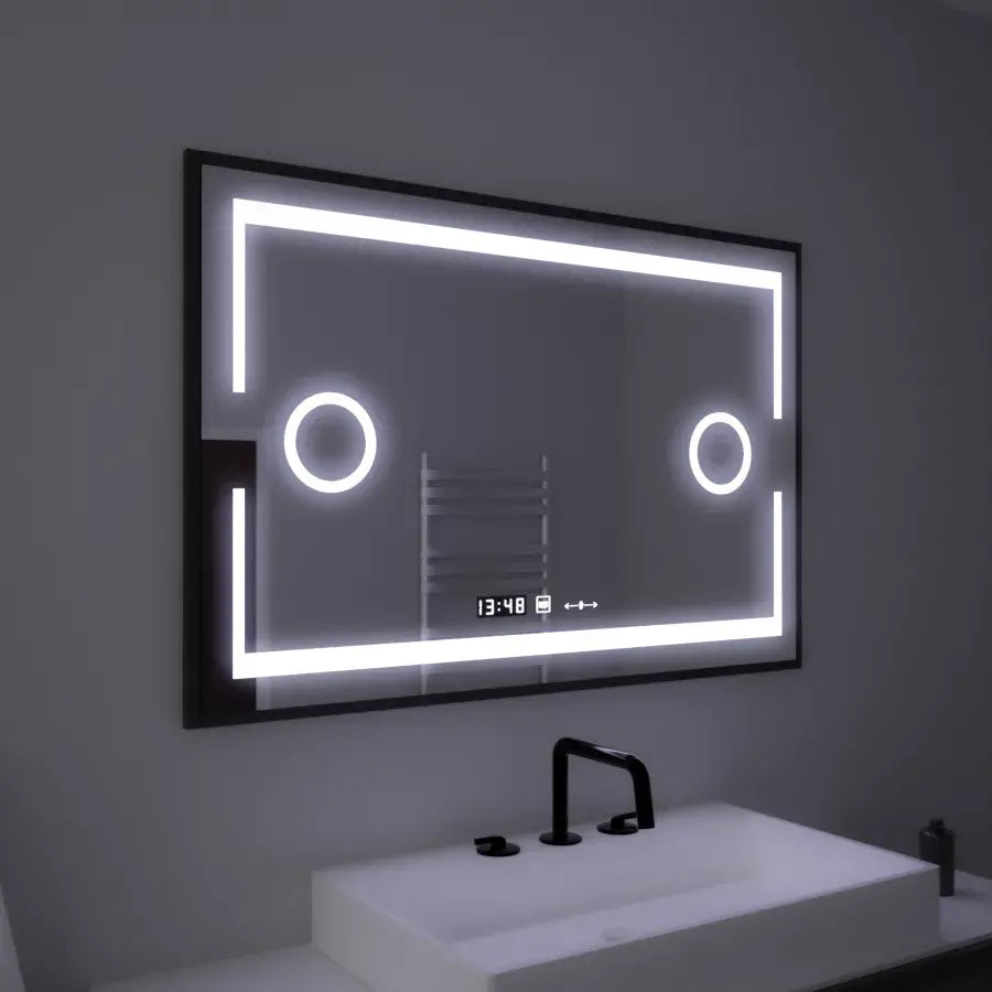 Prostokątne lusterko LED, 120x80 cm, czujnik Motionglow Marcello, system wyłączający, zegar i termometr, powiększenie kosmetyczne