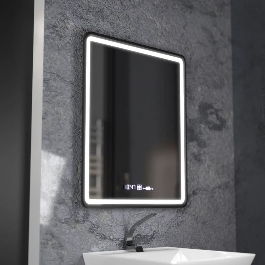 Favola Touch LED Mirror Defog System Czarna rama Zegar i temperatura 75x90 cm Kolekcja Marcello Funghi 