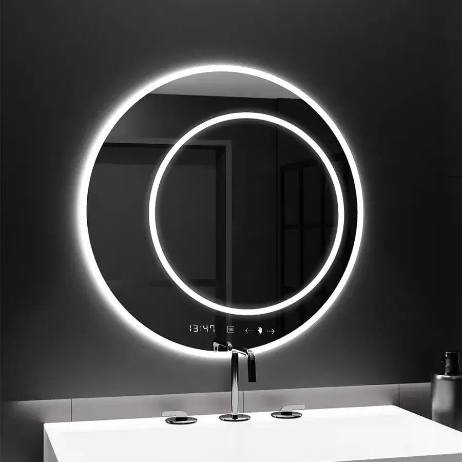 Okrągłe lustro LED, 60 cm, July Touch Marcello, system przeciwmgielny, zegar i termometr, ściemnialne 