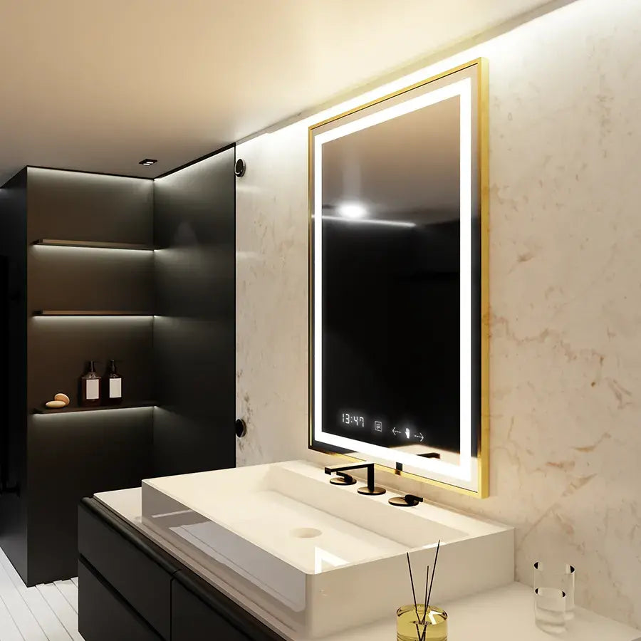 Prostokątne lustro LED 75x90cm Verite Royale Gold MotionGlow Marcello Defog System Zegar i termometr Ściemnialny 