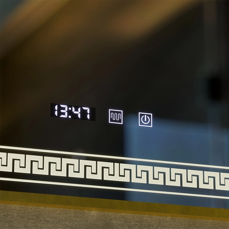 System odmgławiania lusterek LED Touch Bruno, zegar i temperatura 60x80 cm Rama ze szczotkowanego złota, S84/60X80