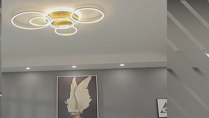 Żyrandol LED z pilotem DARIO, 5 okręgów, 120 W, światło ciepłe/zimne/neutralne, ściemnialny, złoty