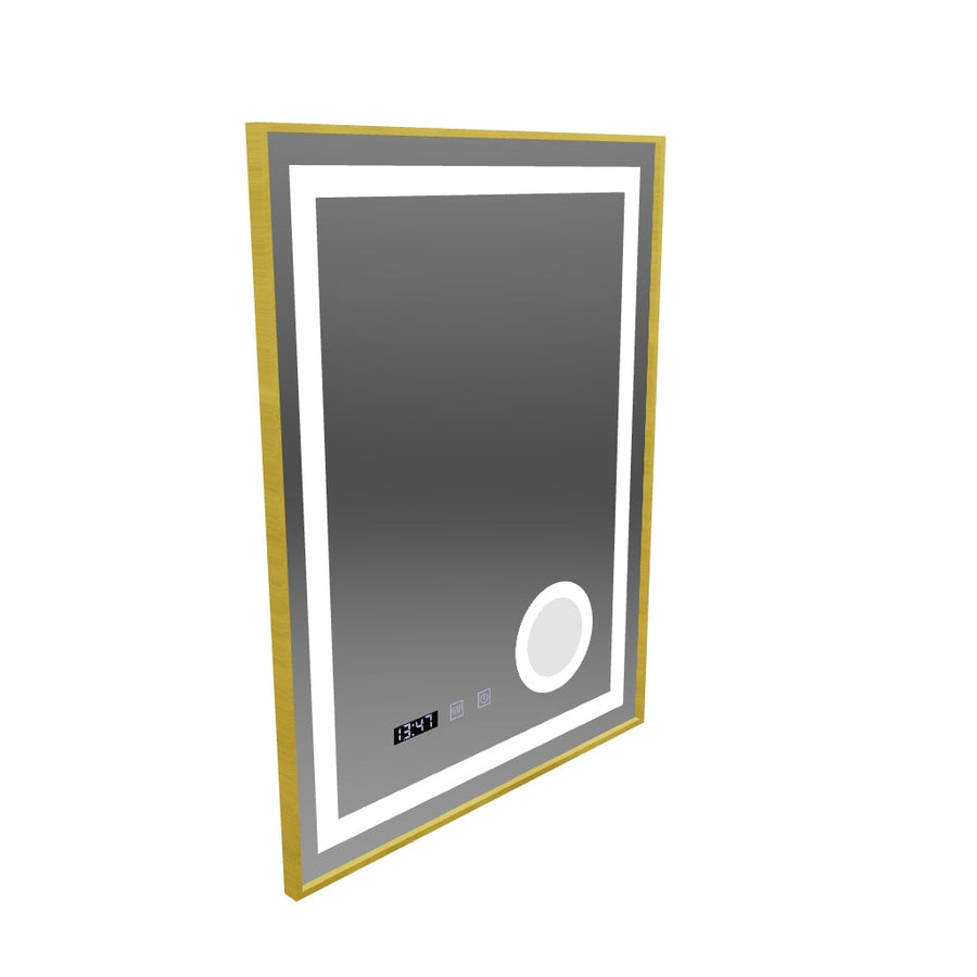 Lustro LED Stefan Touch z systemem przeciwmgielnym, zegarem i temperaturą 60x80 cm, szczotkowana złota rama, lupa kosmetyczna