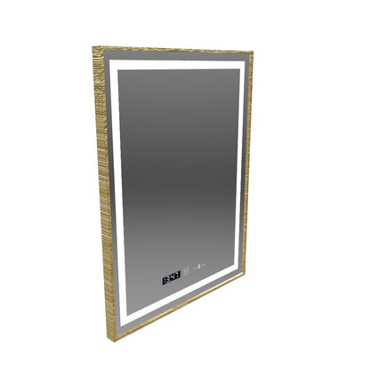 Prostokątne lustro LED, 60x80 cm, Verite Royale Gold MotionGlow Marcello, system przeciwmgielny, zegar i termometr, ściemnialne