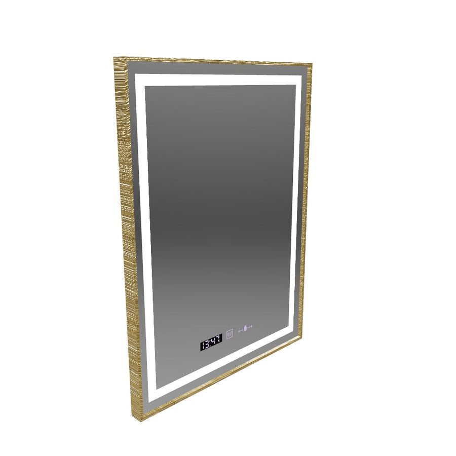 Prostokątne lustro LED, 60x80 cm, Verite Royale Gold MotionGlow Marcello, system przeciwmgielny, zegar i termometr, ściemnialne