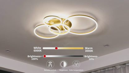 Żyrandol LED z pilotem DARIO, 4 okręgi, 103 W, światło ciepłe/zimne/neutralne, ściemnialny, złoty