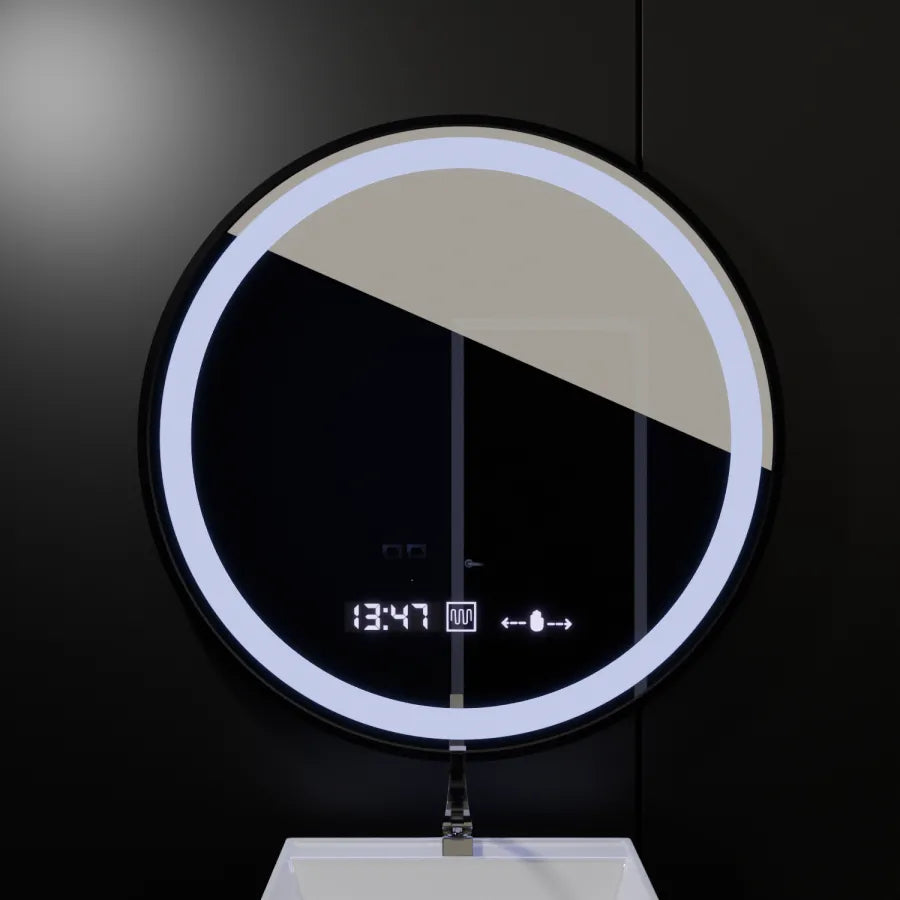 Okrągłe lustro LED 80 cm Celeste Majesté Noir MotionGlow Marcello Defog System Zegar i termometr Ściemnialny 
