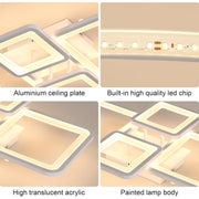 LED żyrandol z zdalnym sterowaniem Ella 85W, 4 kwadraty, zimno/gorące/neutralne światło, niestabilne, białe