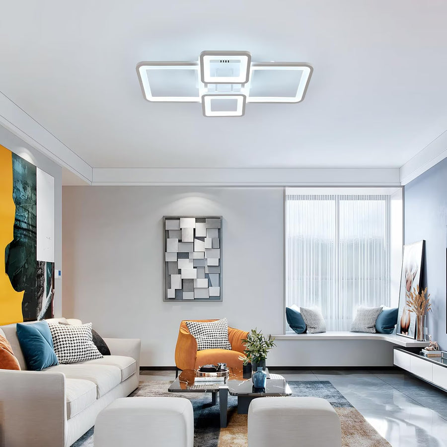 LED żyrandol z zdalnym sterowaniem Ella 85W, 4 kwadraty, zimno/gorące/neutralne światło, niestabilne, białe