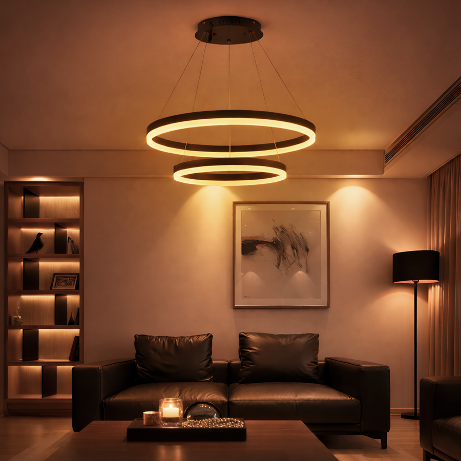 Zawieszany żyrandol LED z pilotem CASIANA 40W, 2 koła, światło zimne/ciepłe/neutralne 3000K/4000K/6000K, możliwość przyciemniania, czarny, regulowana wysokość, metal i akryl