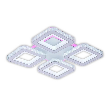 Żyrandol LED z pilotem i kryształem LEILA RGB 79 W, 4 kwadraty, zimne/ciepłe/neutralne światło, ściemnialny, błyszczący chrom biały 