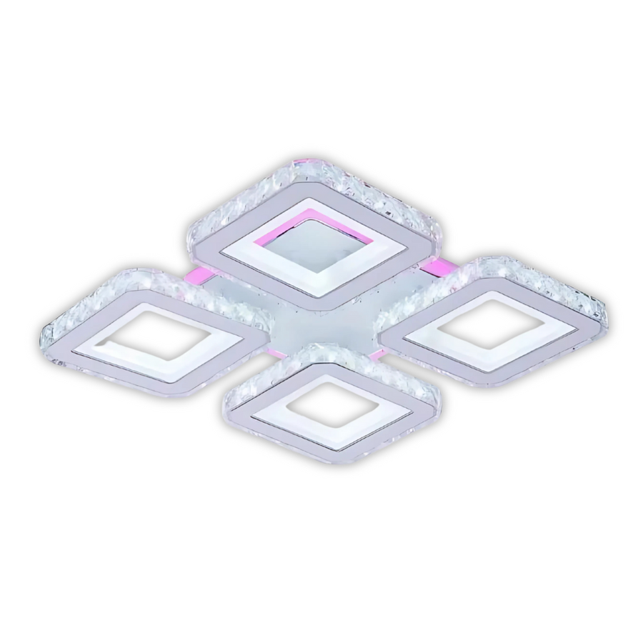 Żyrandol LED z pilotem i kryształem LEILA RGB 79 W, 4 kwadraty, zimne/ciepłe/neutralne światło, ściemnialny, błyszczący chrom biały 