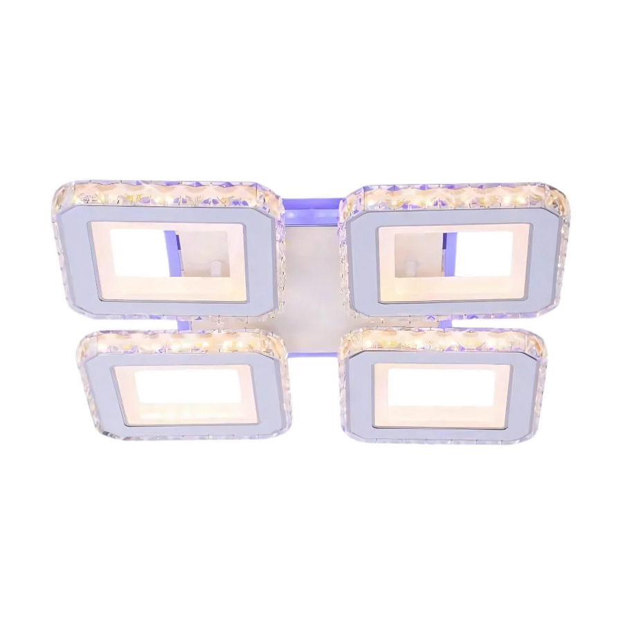 Żyrandol LED z pilotem i kryształem LEILA RGB 79 W, 4 kwadraty, zimne/ciepłe/neutralne światło, ściemnialny, błyszczący chrom biały 